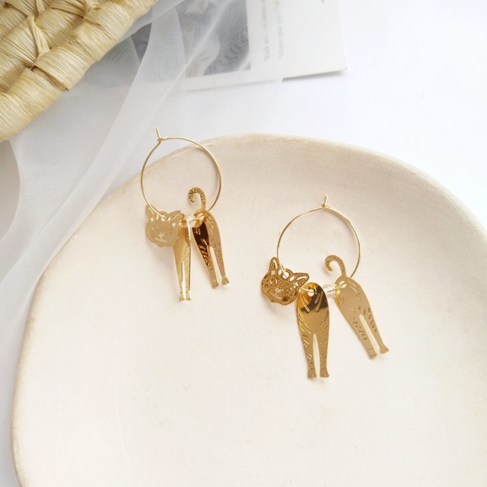 Cat Boho Engraved Kitty Hoops Earrings - Picture 7 of 12